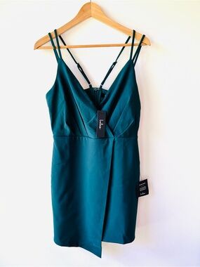 Lulu's Green Teal Faux Wrap Mini Dress with Spaghetti Straps Wedding Guest M